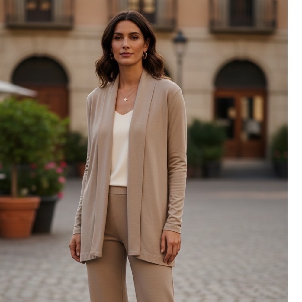 Jarbo Taupe Open Front Shawl Cardigan Pima Cotton Blend Quiet Luxury Sz 34(4)